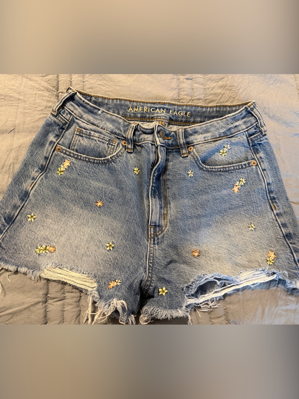American Eagle Outfitters Light Wash Embroidered Daisy Denim Shorts